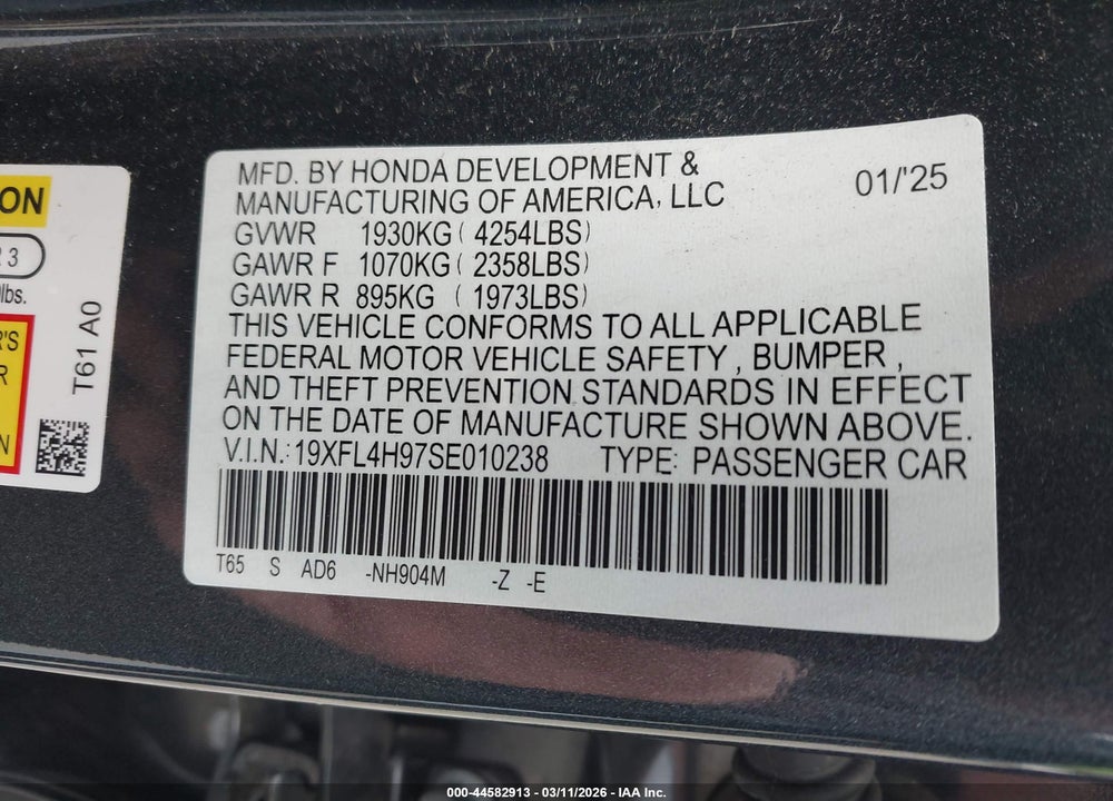 2025 HONDA CIVIC HYBRID SPORT TOURING VIN: 19XFL4H97SE010238