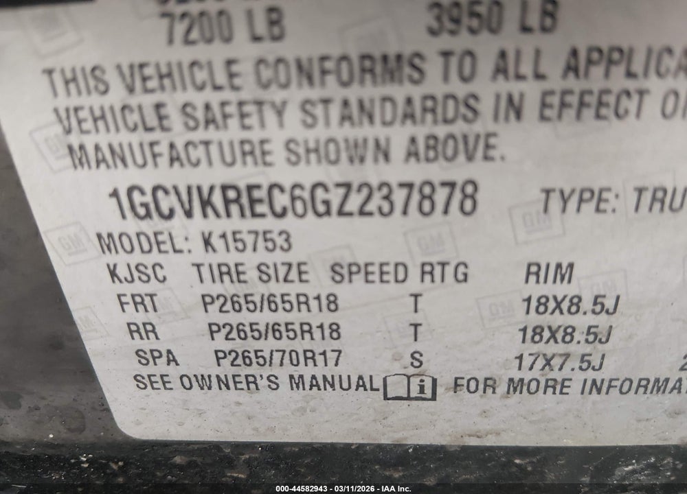 2016 CHEVROLET SILVERADO 1500 1LT VIN: 1GCVKREC6GZ237878