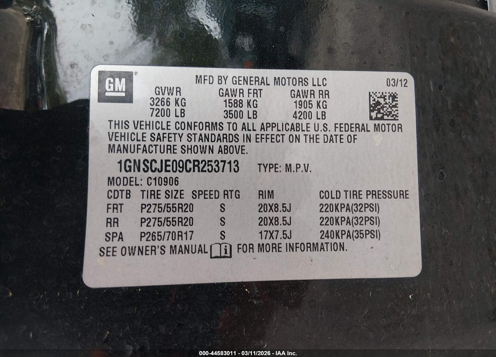 2012 CHEVROLET SUBURBAN 1500 LT VIN: 1GNSCJE09CR253713