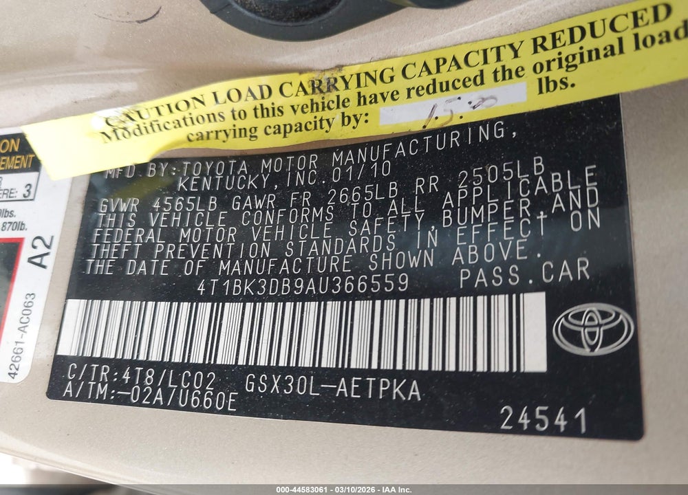 2010 TOYOTA AVALON LIMITED VIN: 4T1BK3DB9AU366559