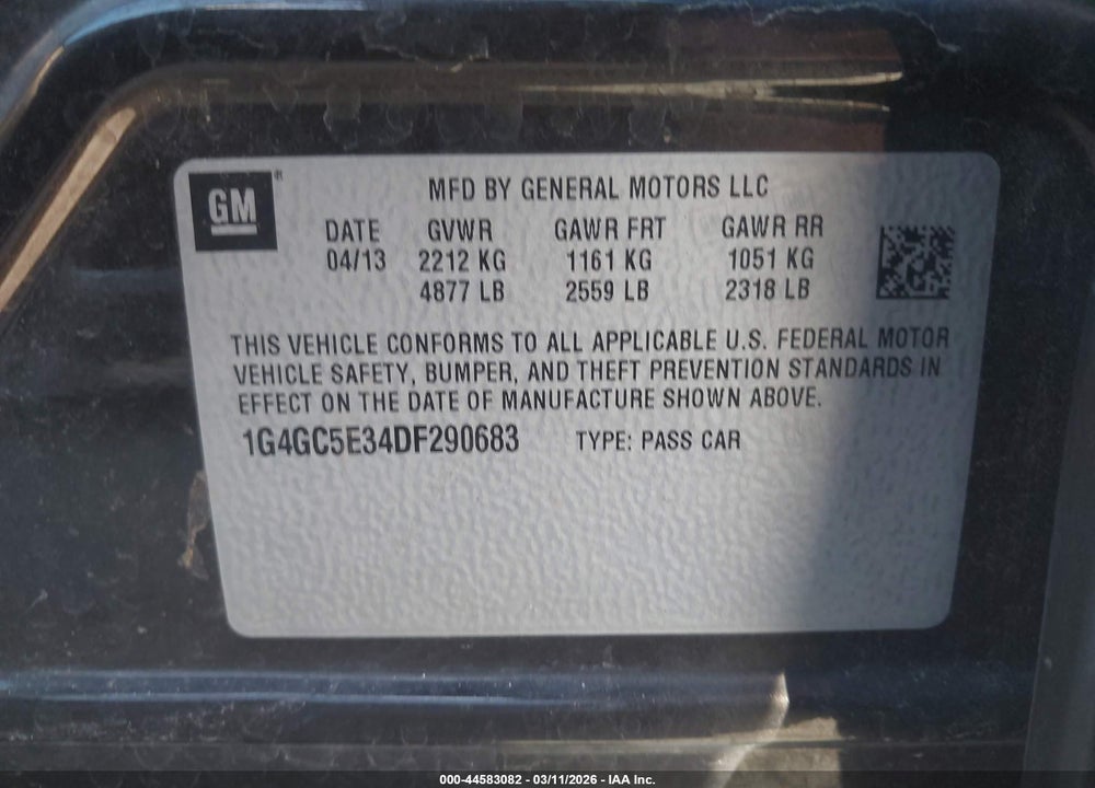 2013 BUICK LACROSSE LEATHER GROUP VIN: 1G4GC5E34DF290683