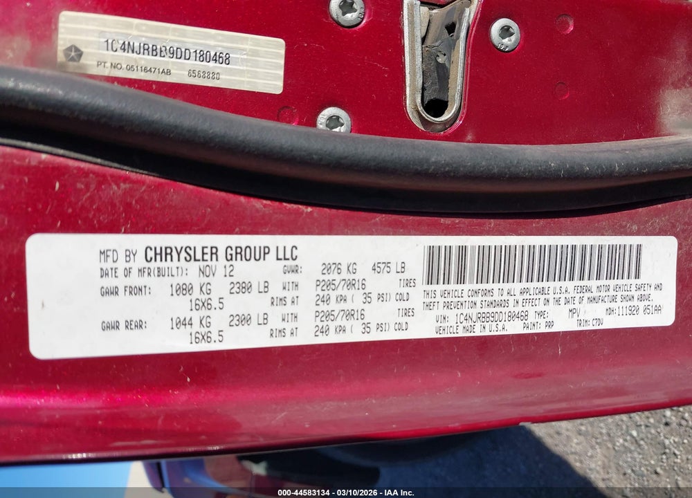2013 JEEP PATRIOT SPORT VIN: 1C4NJRBB9DD180468