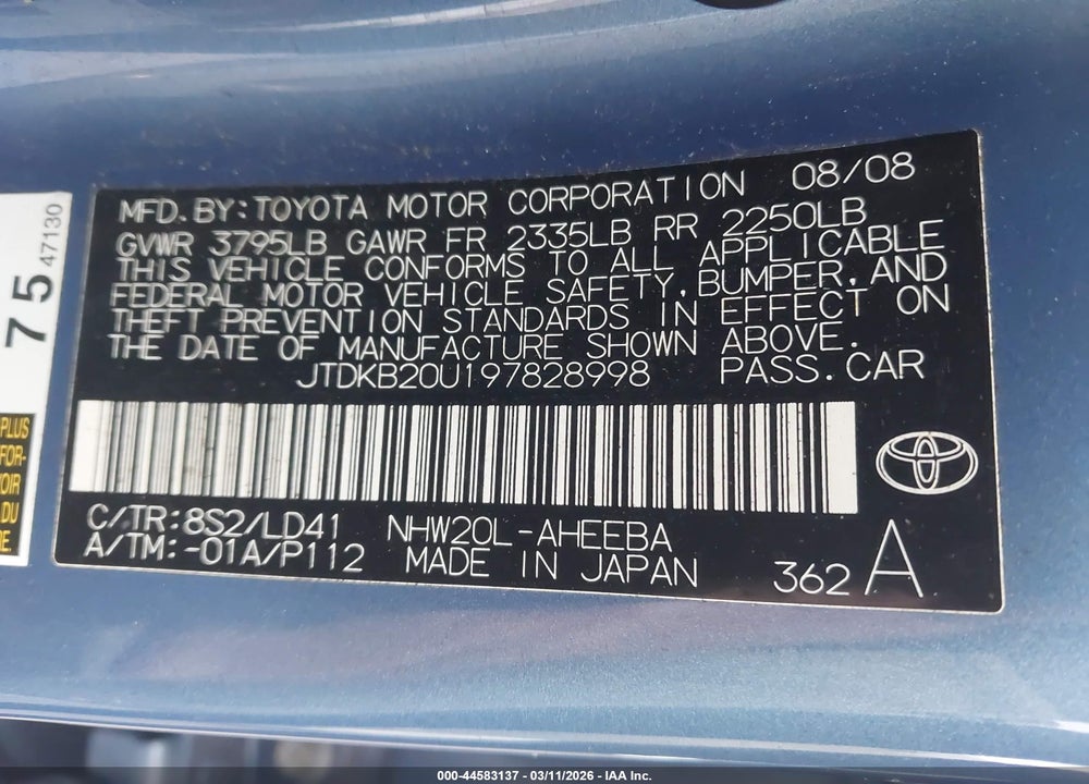 2009 TOYOTA PRIUS VIN: JTDKB20U197828998