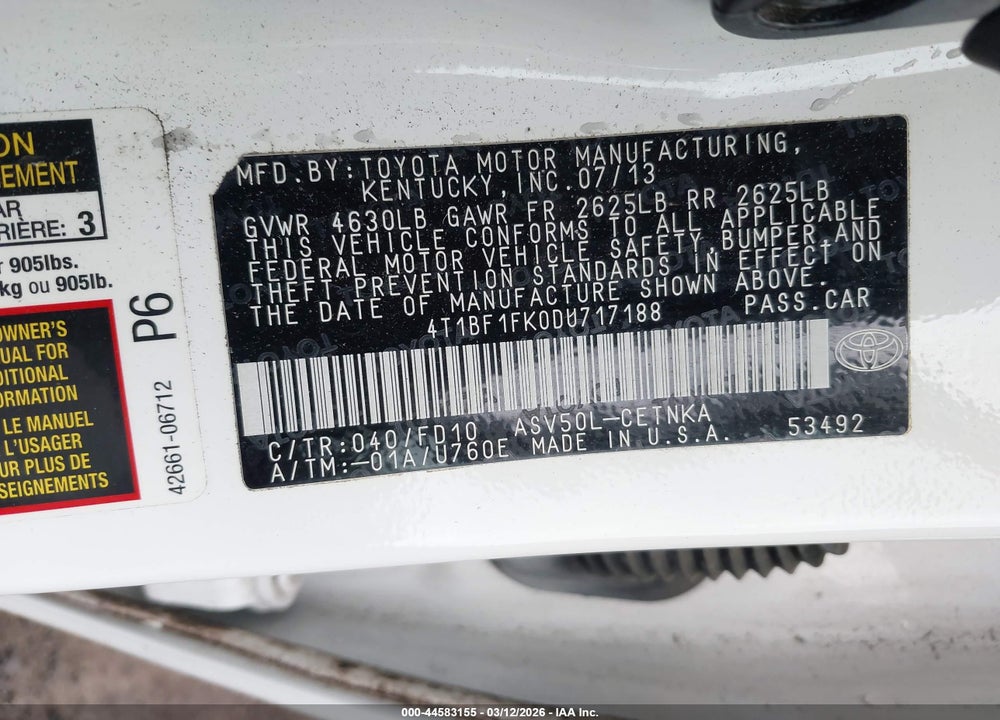 2013 TOYOTA CAMRY LE VIN: 4T1BF1FK0DU717188