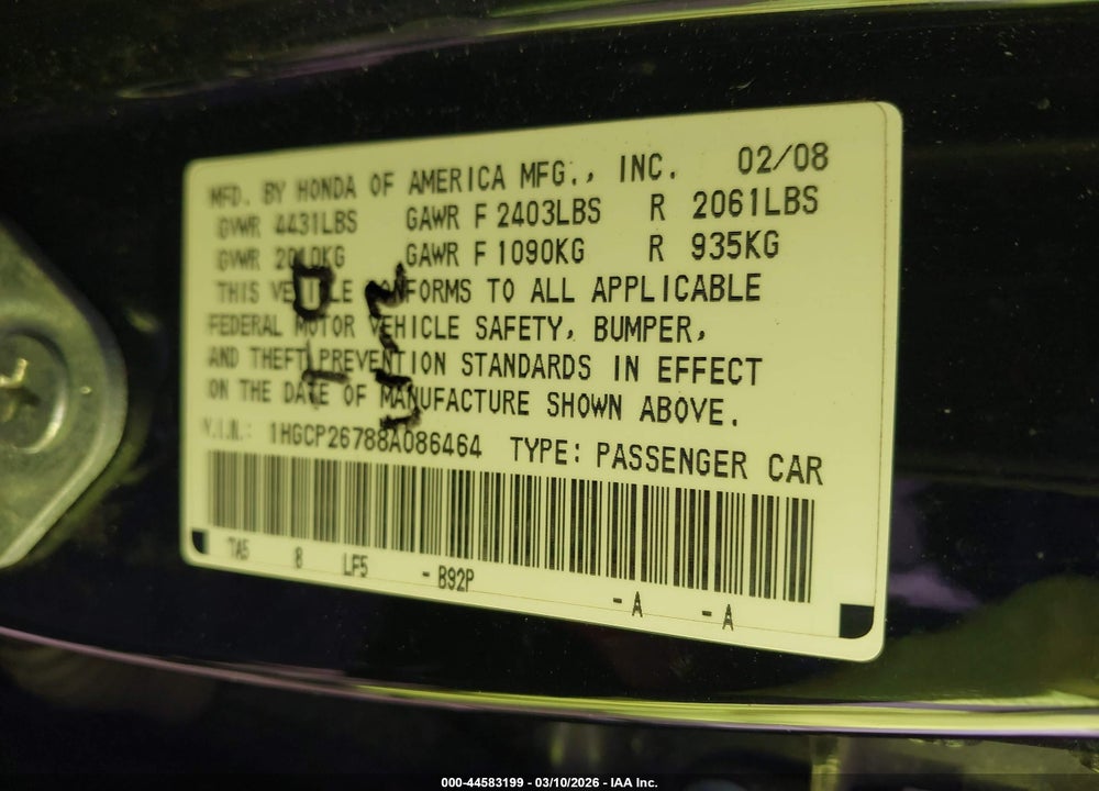 2008 HONDA ACCORD 2.4 EX VIN: 1HGCP26788A086464