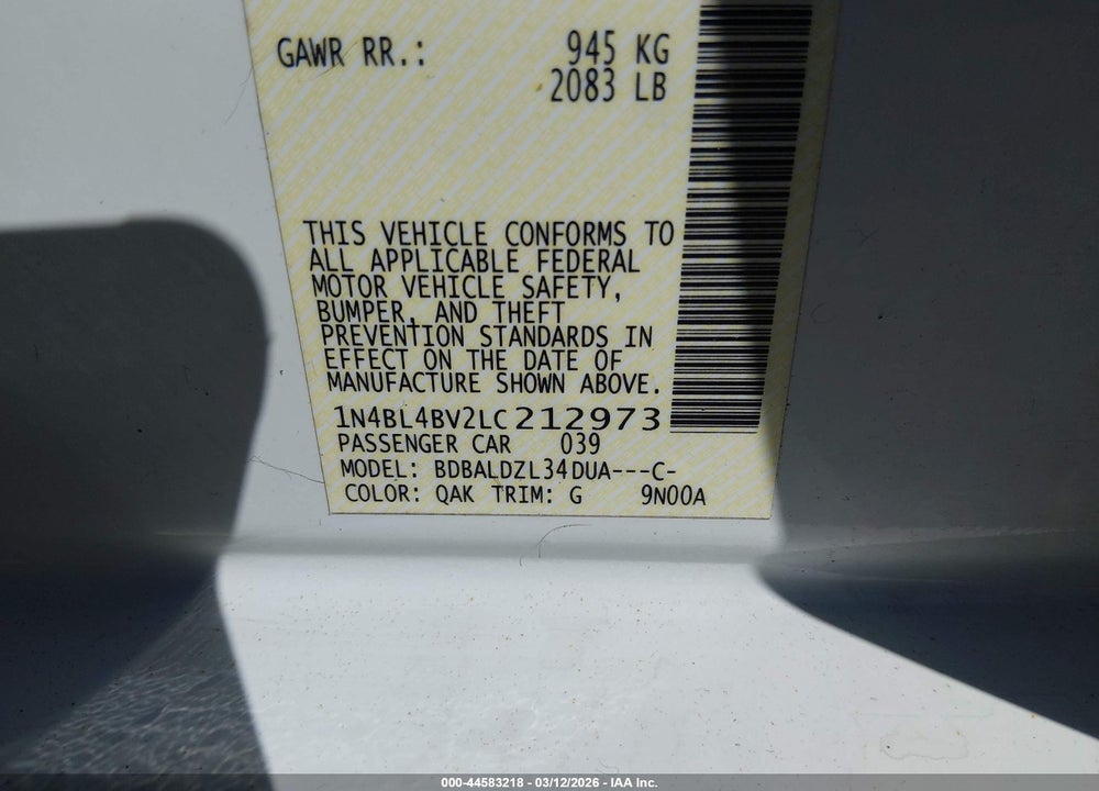2020 NISSAN ALTIMA S FWD VIN: 1N4BL4BV2LC212973