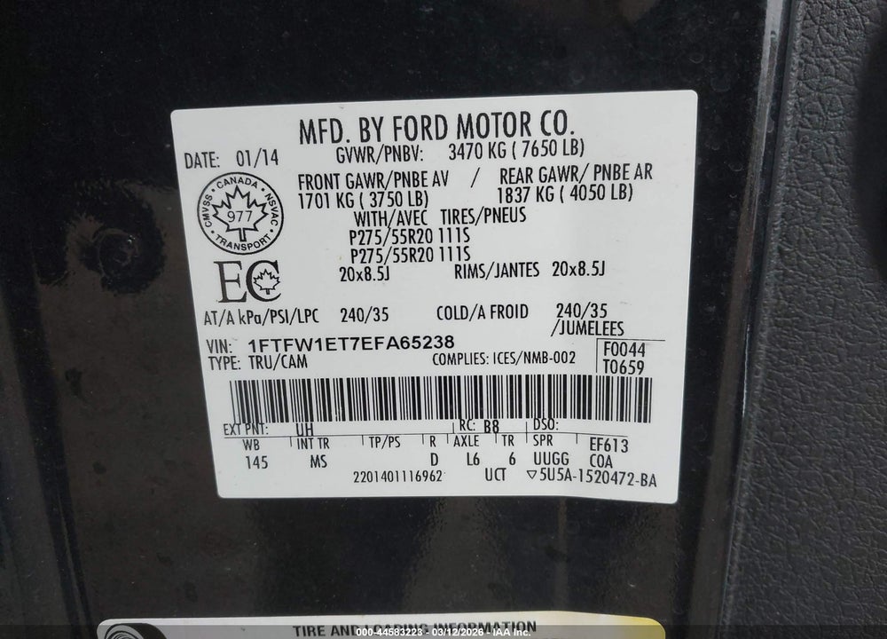 2014 FORD F150 SUPERCREW VIN: 1FTFW1ET7EFA65238