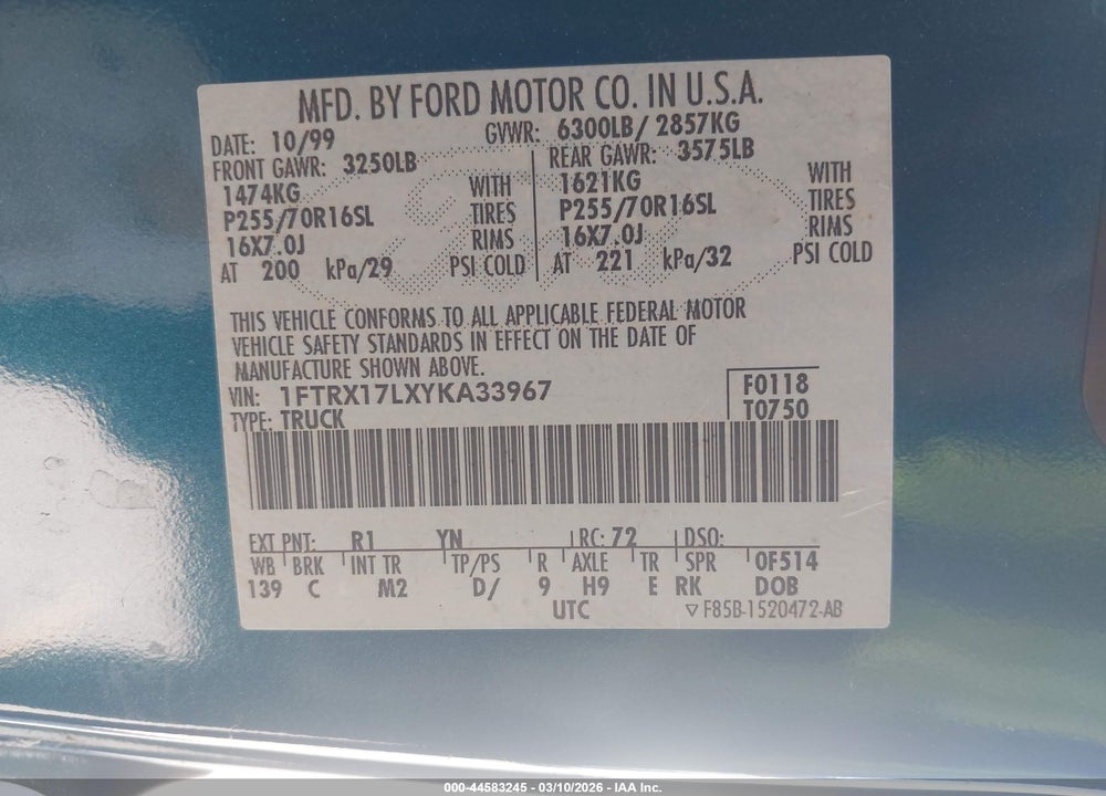 2000 FORD F-150 LARIAT/WORK SERIES/XL/XLT VIN: 1FTRX17LXYKA33967