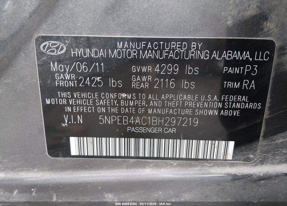 2011 HYUNDAI SONATA GLS VIN: 5NPEB4AC1BH297219