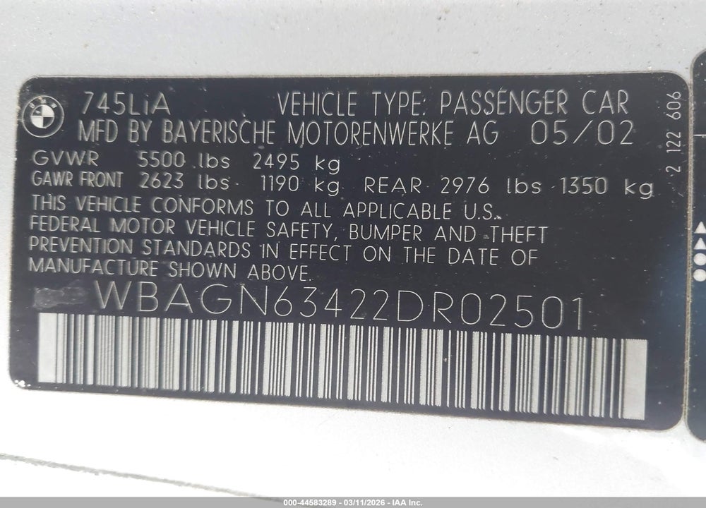 2002 BMW 745LI VIN: WBAGN63422DR02501