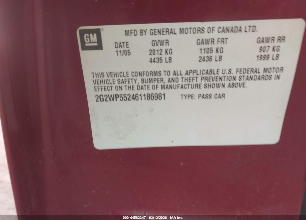 2006 PONTIAC GRAND PRIX VIN: 2G2WP552461186981