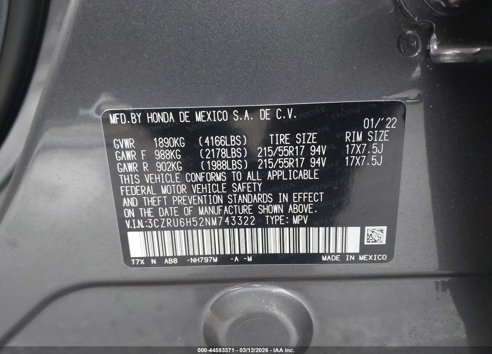 2022 HONDA HR-V AWD EX VIN: 3CZRU6H52NM743322