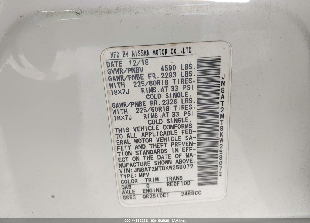 2019 NISSAN ROGUE SV VIN: JN8AT2MT8KW258072
