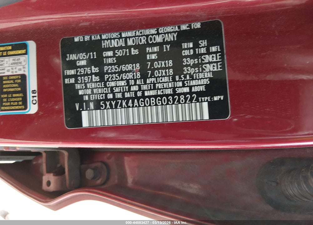 2011 HYUNDAI SANTA FE LIMITED V6 VIN: 5XYZK4AG0BG032822