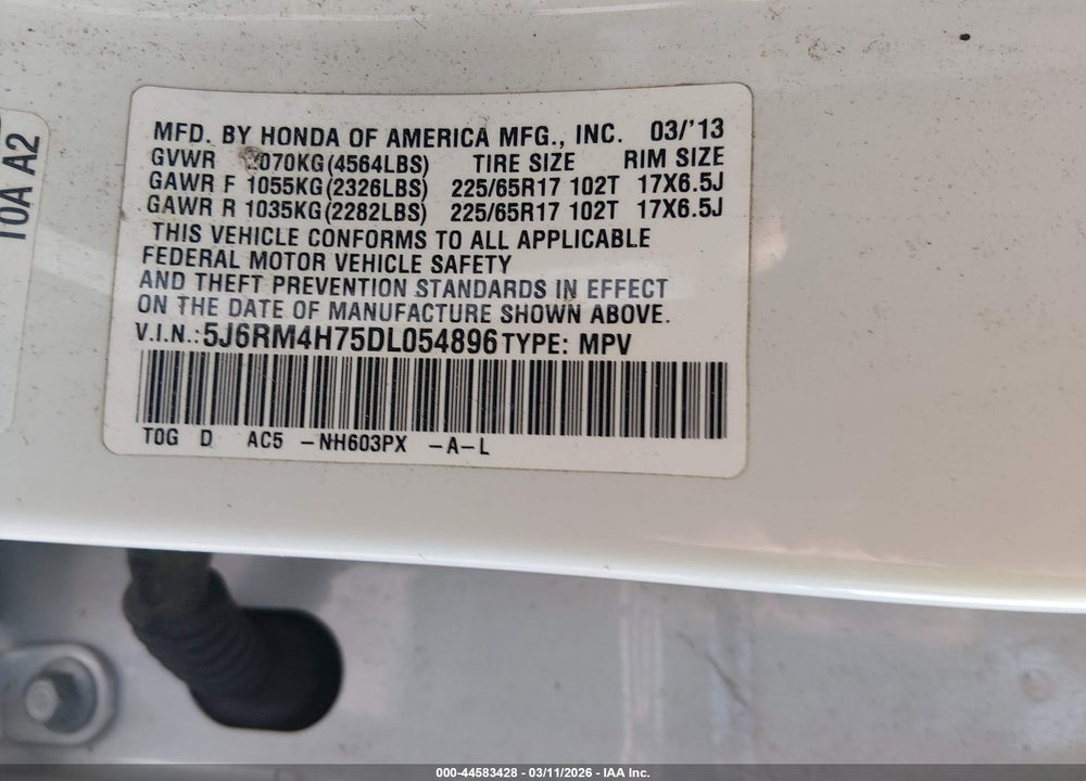 2013 HONDA CR-V EX-L VIN: 5J6RM4H75DL054896
