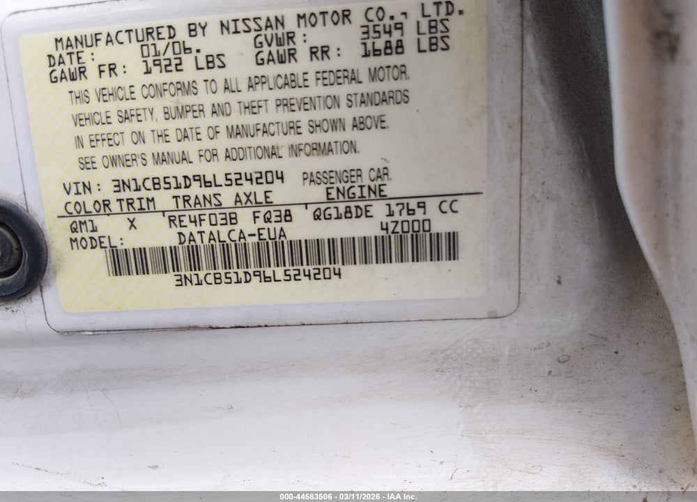2006 NISSAN SENTRA 1.8 VIN: 3N1CB51D96L524204