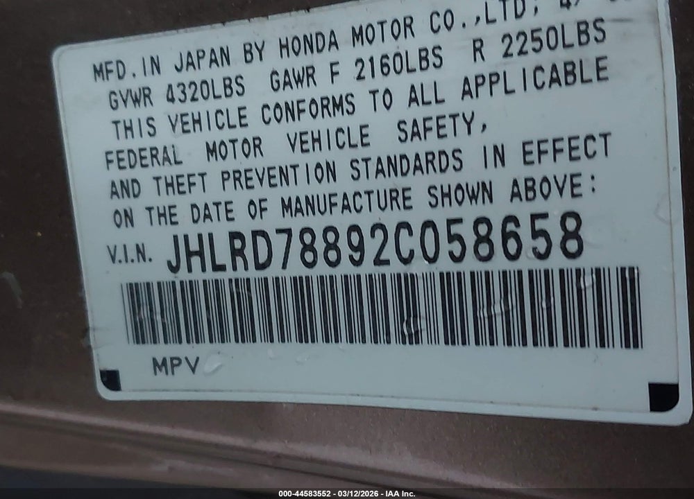2002 HONDA CR-V EX VIN: JHLRD78892C058658