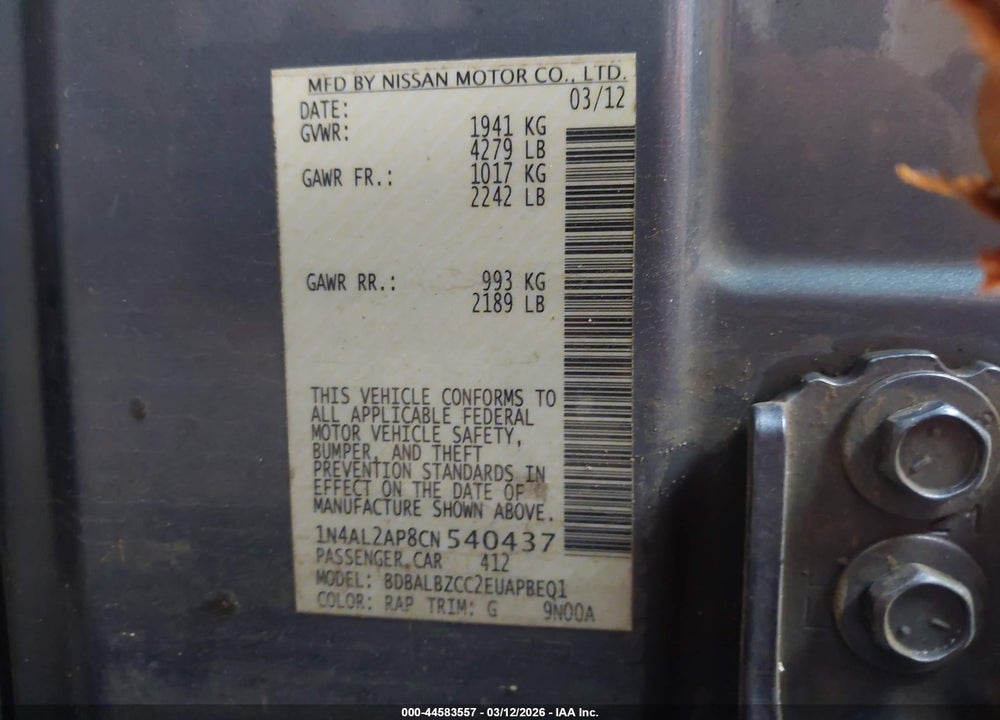2012 NISSAN ALTIMA 2.5 S VIN: 1N4AL2AP8CN540437