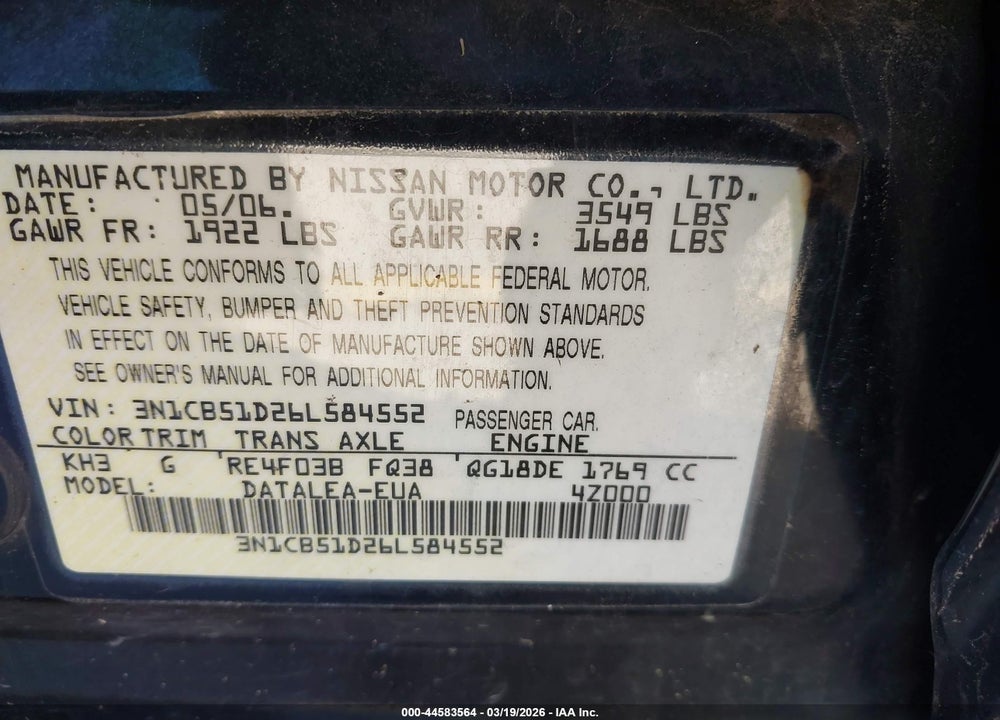 2006 NISSAN SENTRA 1.8S VIN: 3N1CB51D26L584552