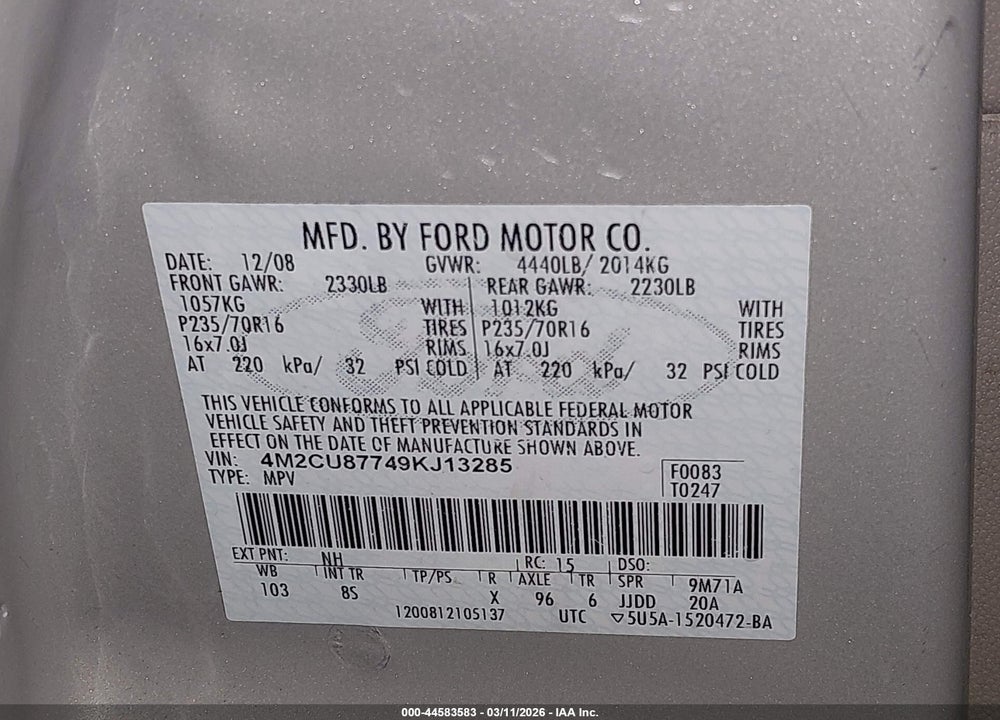 2009 MERCURY MARINER PREMIER VIN: 4M2CU87749KJ13285