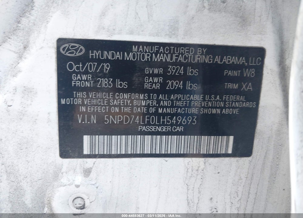 2020 HYUNDAI ELANTRA SE VIN: 5NPD74LF0LH549693