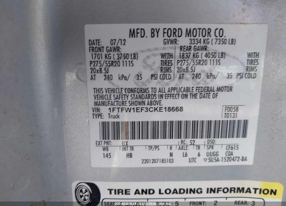 2012 FORD F-150 LARIAT VIN: 1FTFW1EF3CKE18668