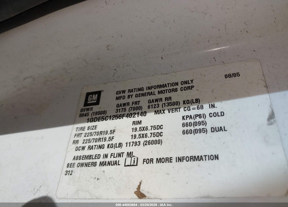 2006 GMC C5500 VIN: 1GDE5C1256F402140