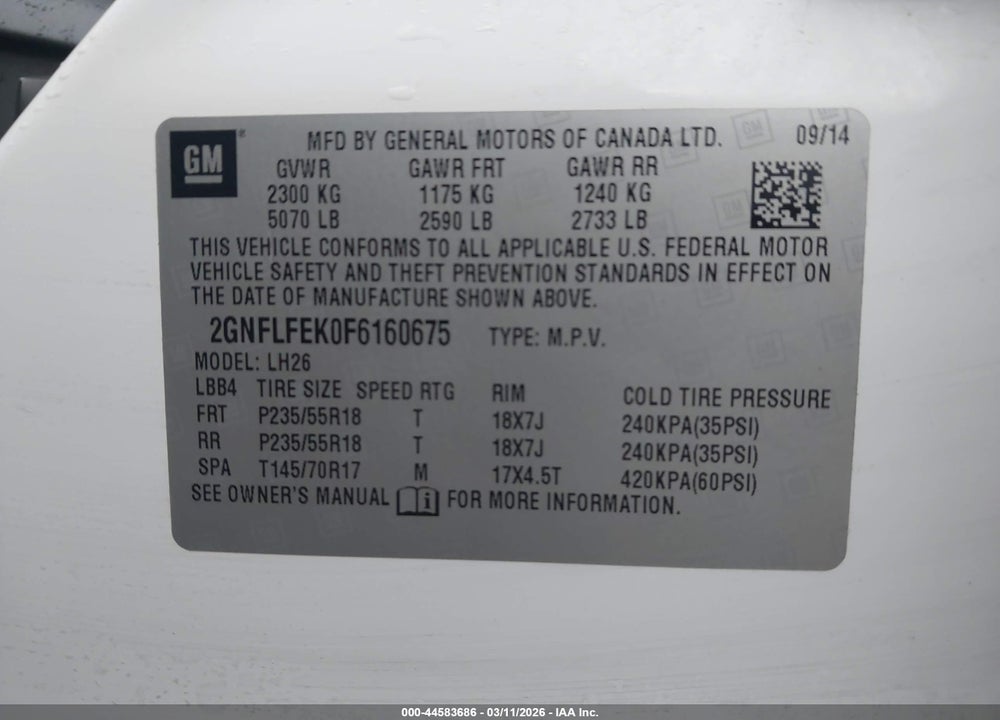 2015 CHEVROLET EQUINOX 1LT VIN: 2GNFLFEK0F6160675