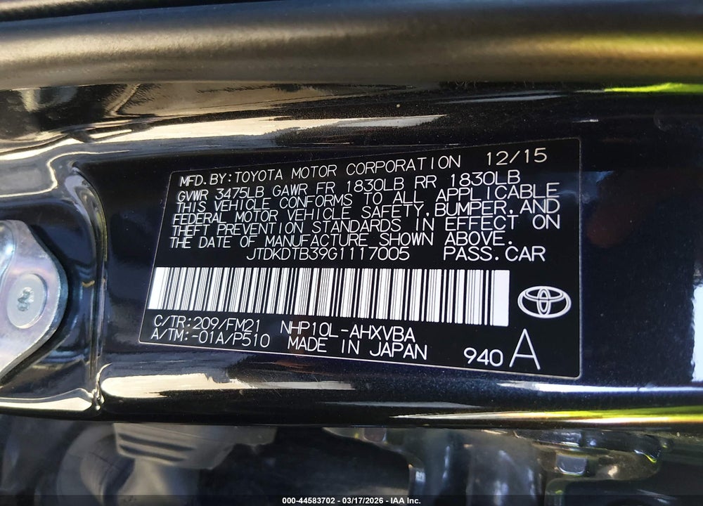 2016 TOYOTA PRIUS C PERSONA SERIES VIN: JTDKDTB39G1117005