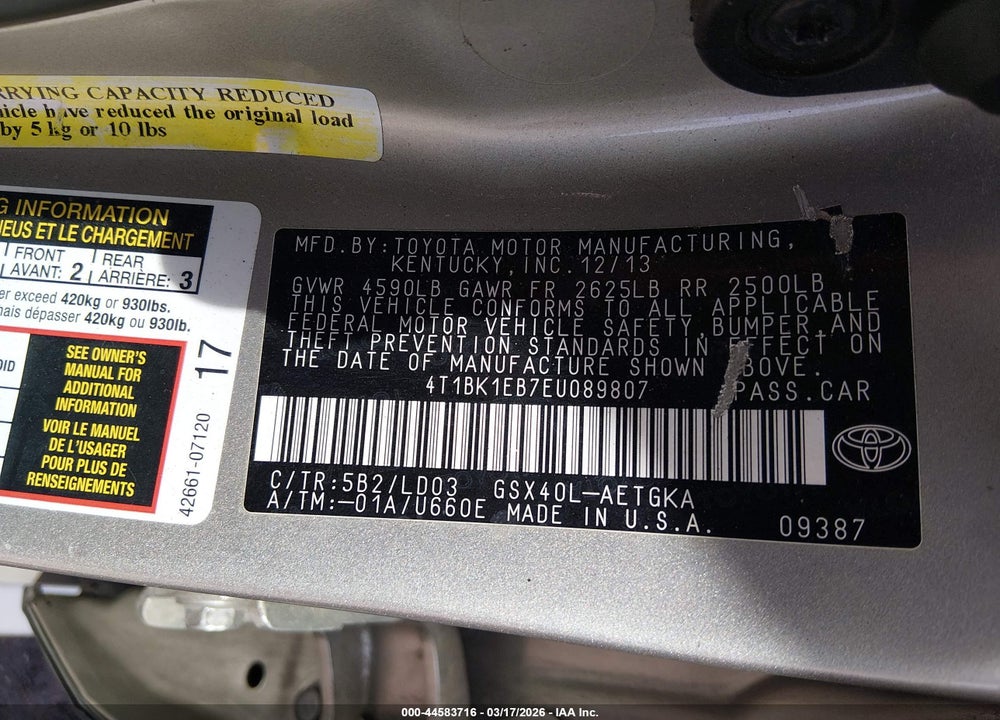 2014 TOYOTA AVALON XLE VIN: 4T1BK1EB7EU089807