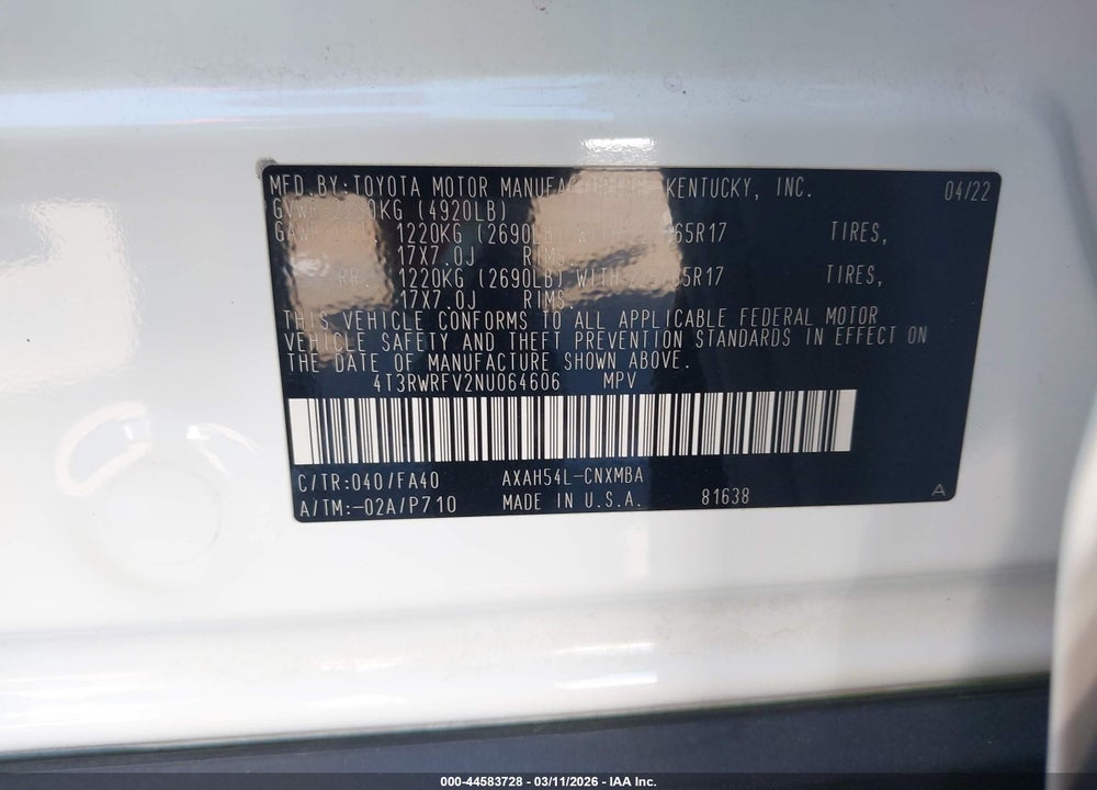 2022 TOYOTA RAV4 HYBRID XLE VIN: 4T3RWRFV2NU064606