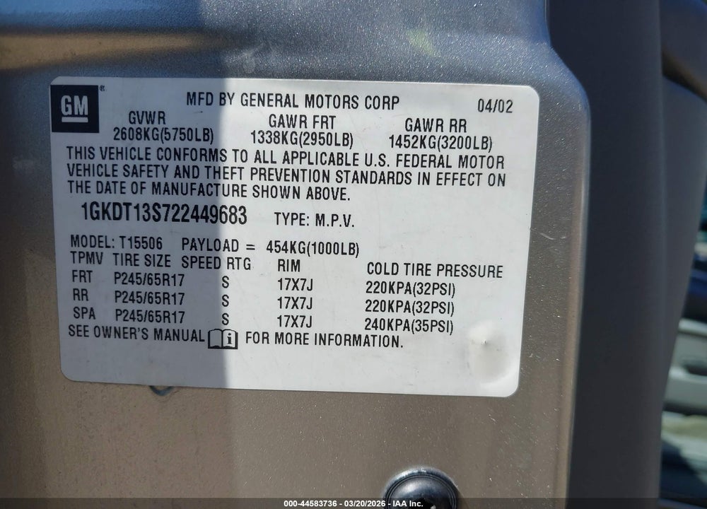 2002 GMC ENVOY SLT VIN: 1GKDT13S722449683