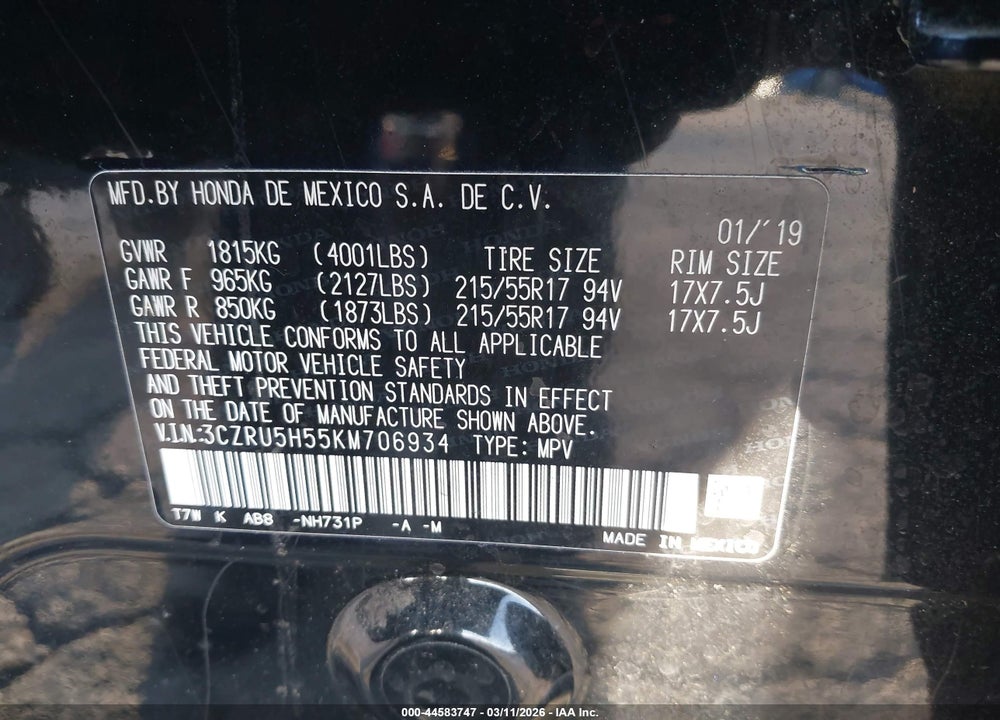 2019 HONDA HR-V EX VIN: 3CZRU5H55KM706934