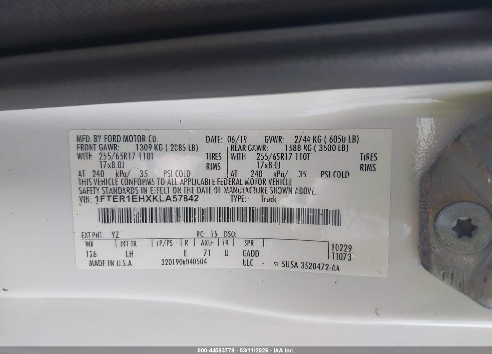 2019 FORD RANGER XL VIN: 1FTER1EHXKLA57842