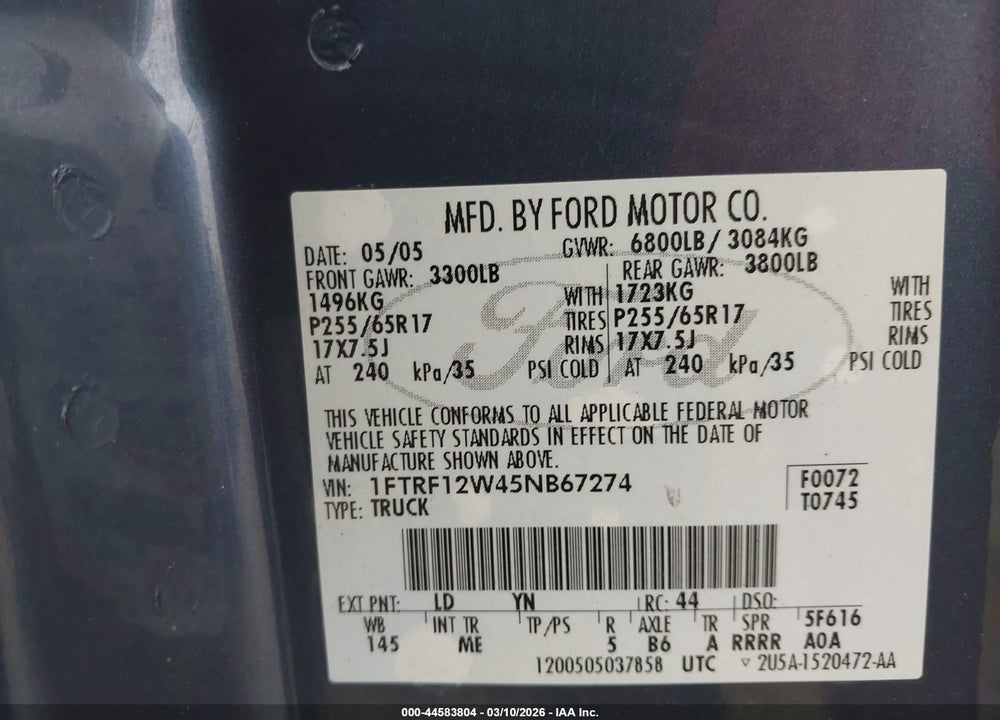 2005 FORD F-150 STX/XL/XLT VIN: 1FTRF12W45NB67274