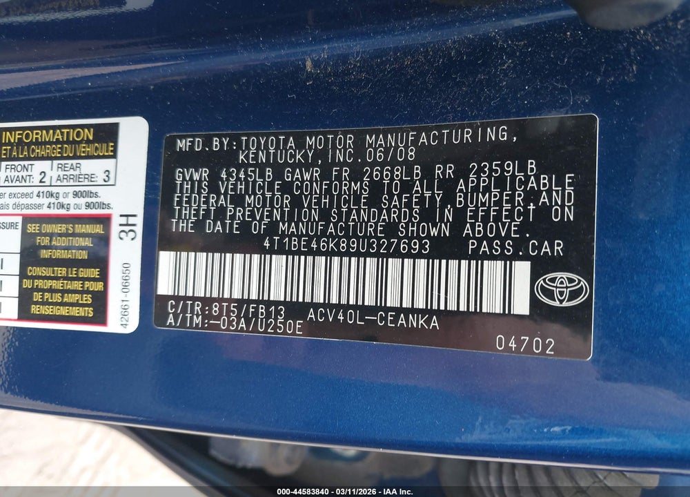 2009 TOYOTA CAMRY LE VIN: 4T1BE46K89U327693
