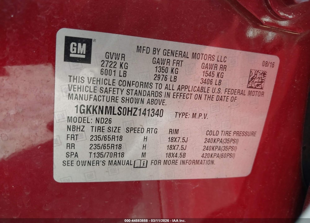 2017 GMC ACADIA SLT-1 VIN: 1GKKNMLS0HZ141340