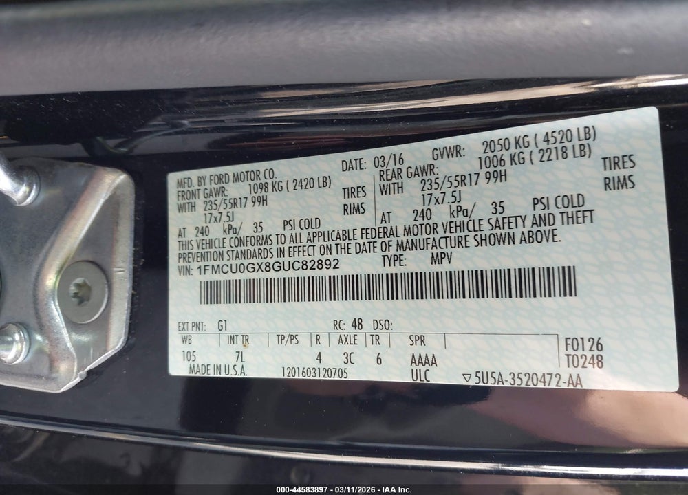 2016 FORD ESCAPE SE VIN: 1FMCU0GX8GUC82892