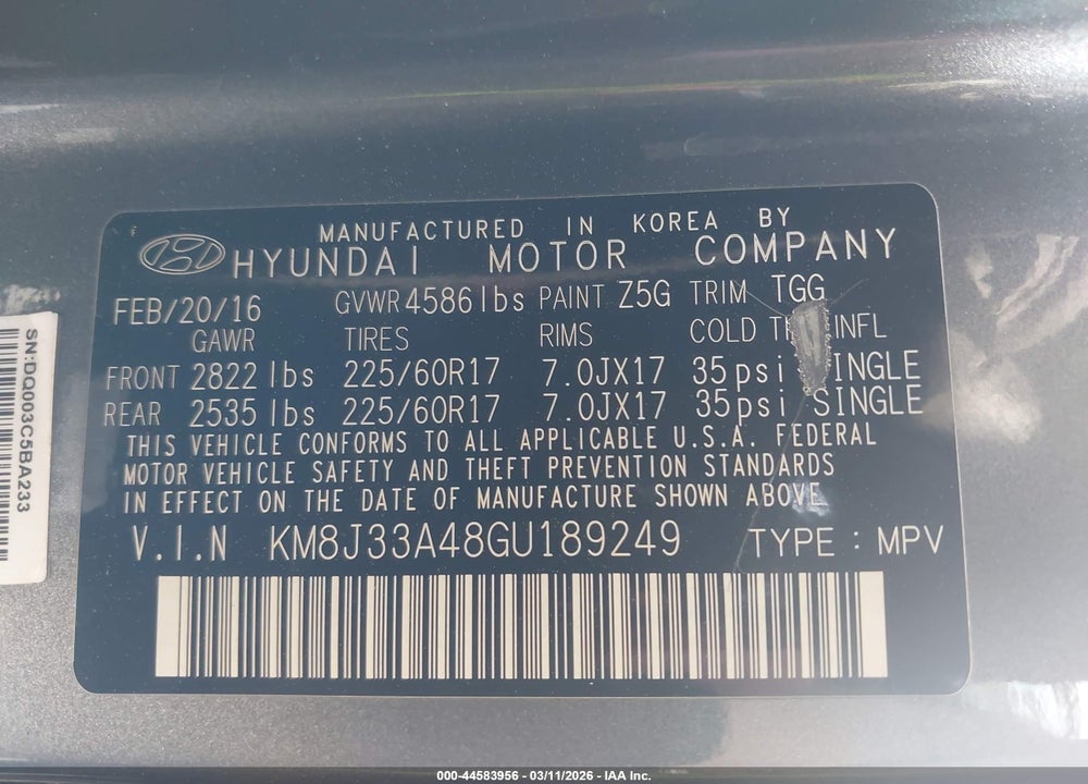 2016 HYUNDAI TUCSON SE VIN: KM8J33A48GU189249