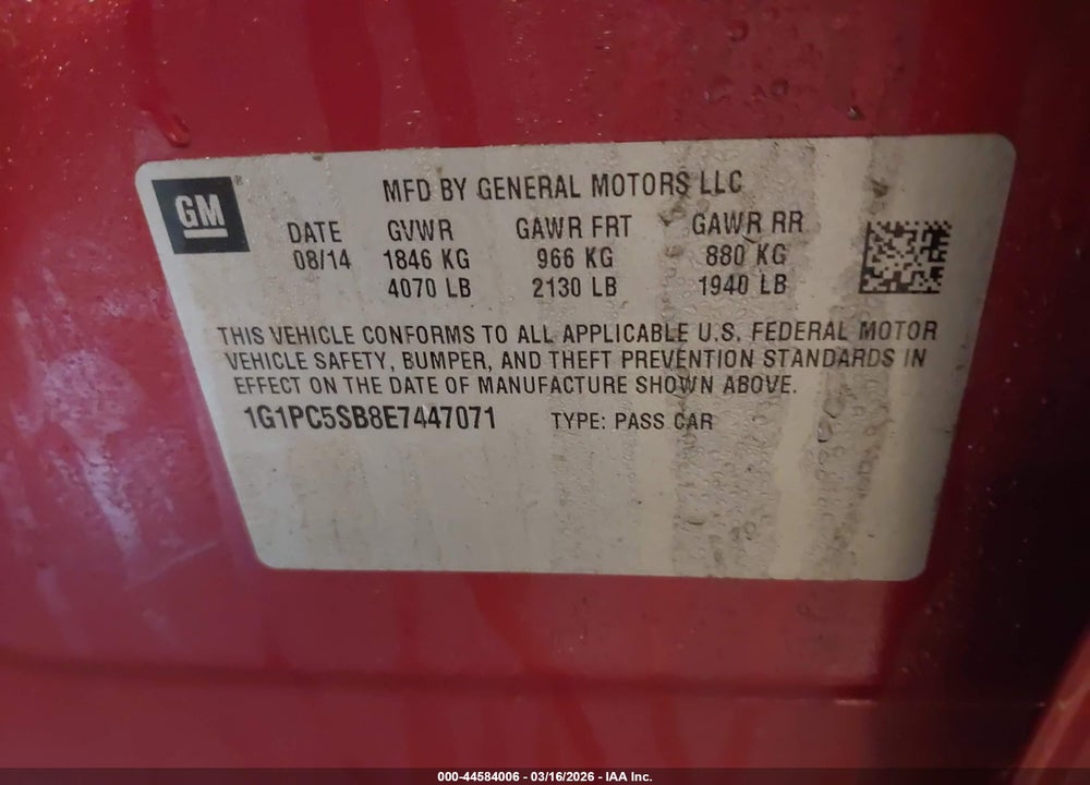 2014 CHEVROLET CRUZE 1LT AUTO VIN: 1G1PC5SB8E7447071