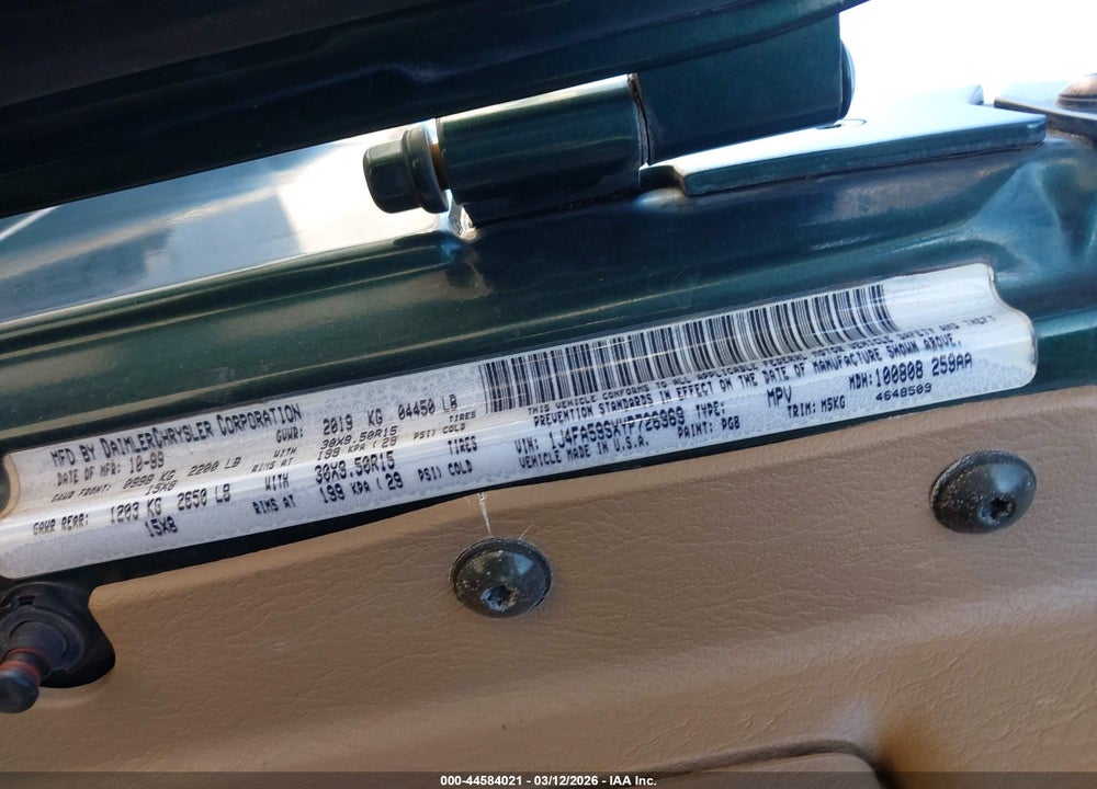 2000 JEEP WRANGLER SAHARA VIN: 1J4FA59SXYP726969