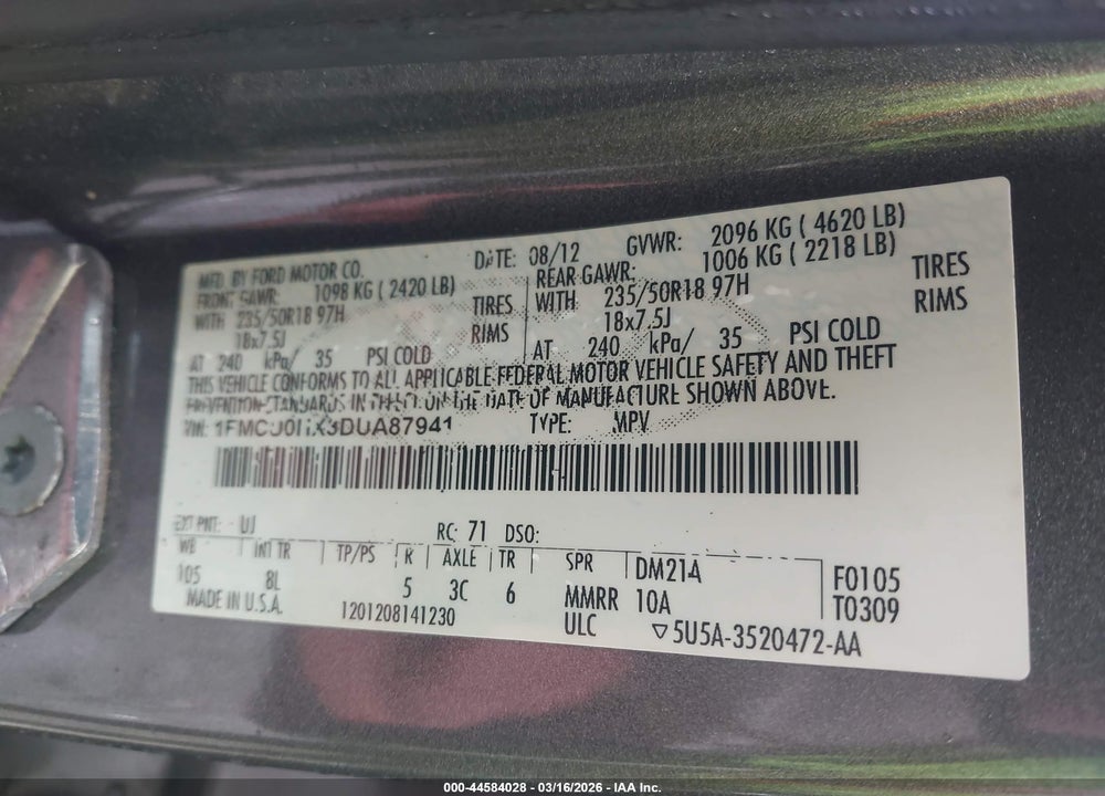 2013 FORD ESCAPE SEL VIN: 1FMCU0HX3DUA87941