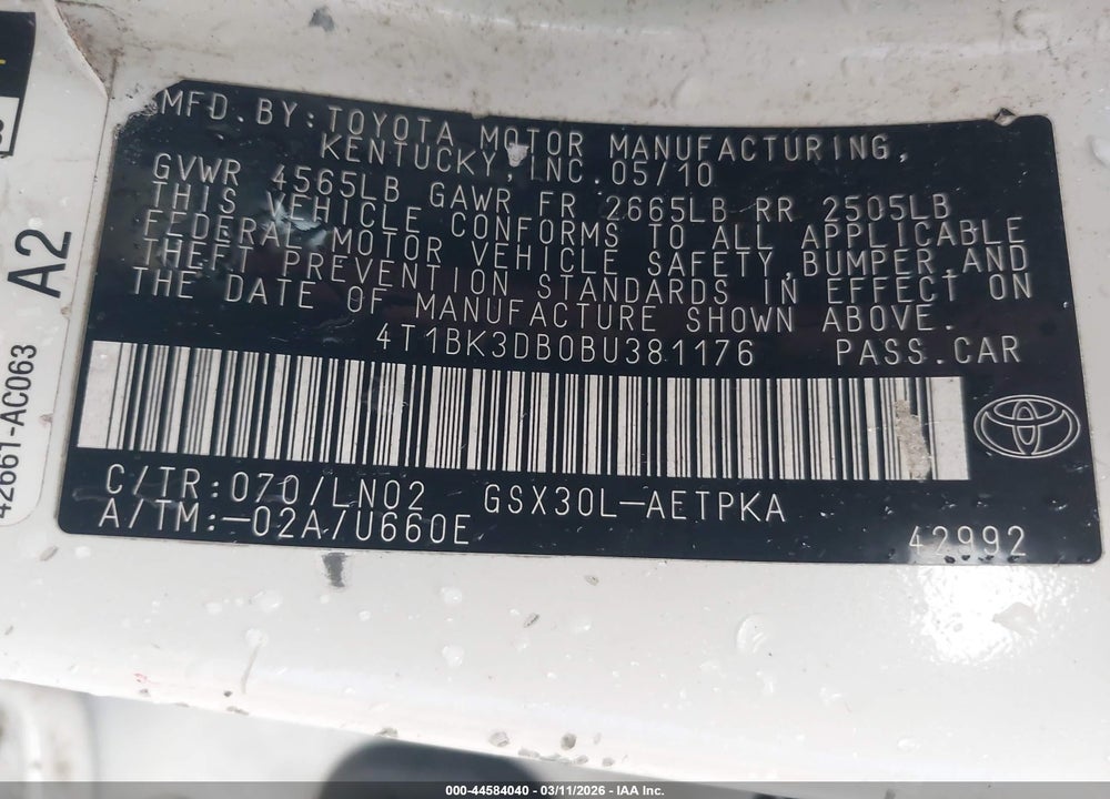 2011 TOYOTA AVALON LIMITED VIN: 4T1BK3DB0BU381176