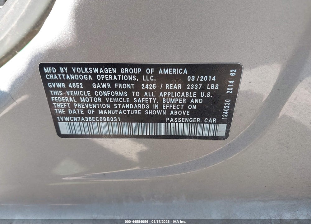 2014 VOLKSWAGEN PASSAT 2.0L TDI SEL PREMIUM VIN: 1VWCN7A35EC088031
