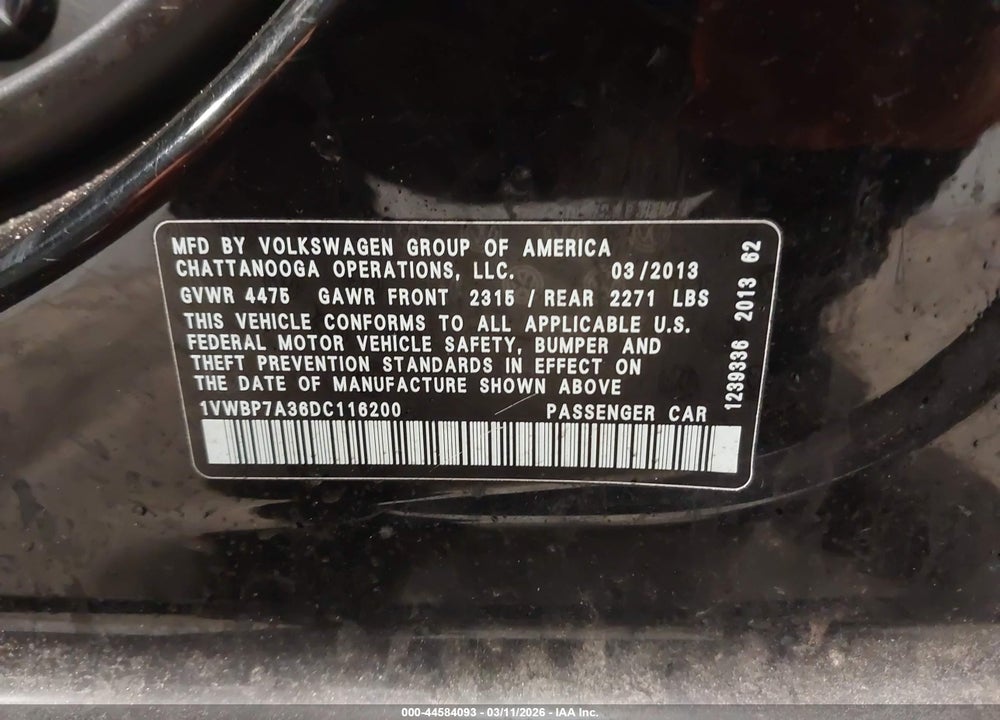 2013 VOLKSWAGEN PASSAT 2.5L SE VIN: 1VWBP7A36DC116200