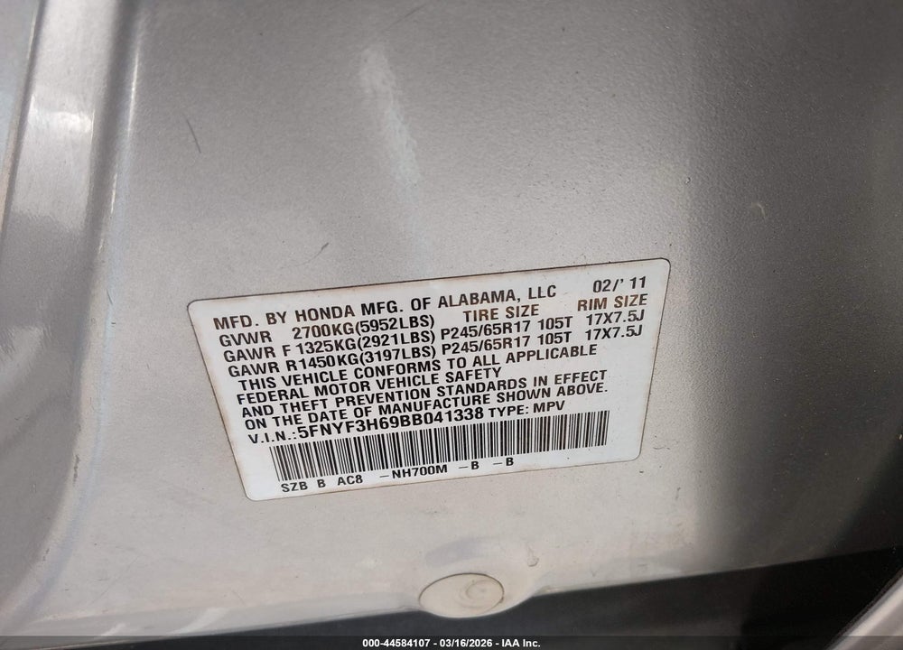 2011 HONDA PILOT EX-L VIN: 5FNYF3H69BB041338