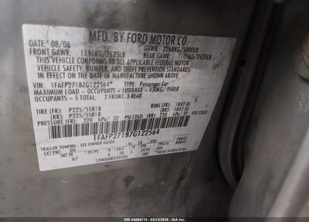 2007 FORD FIVE HUNDRED SEL VIN: 1FAFP27187G122564