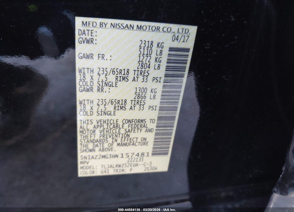2017 NISSAN MURANO SL VIN: 5N1AZ2MG3HN157481