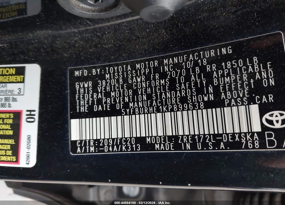2019 TOYOTA COROLLA SE VIN: 5YFBURHE1KP899638