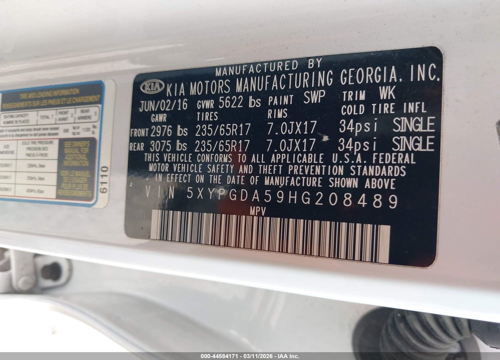 2017 KIA SORENTO 3.3L LX VIN: 5XYPGDA59HG208489